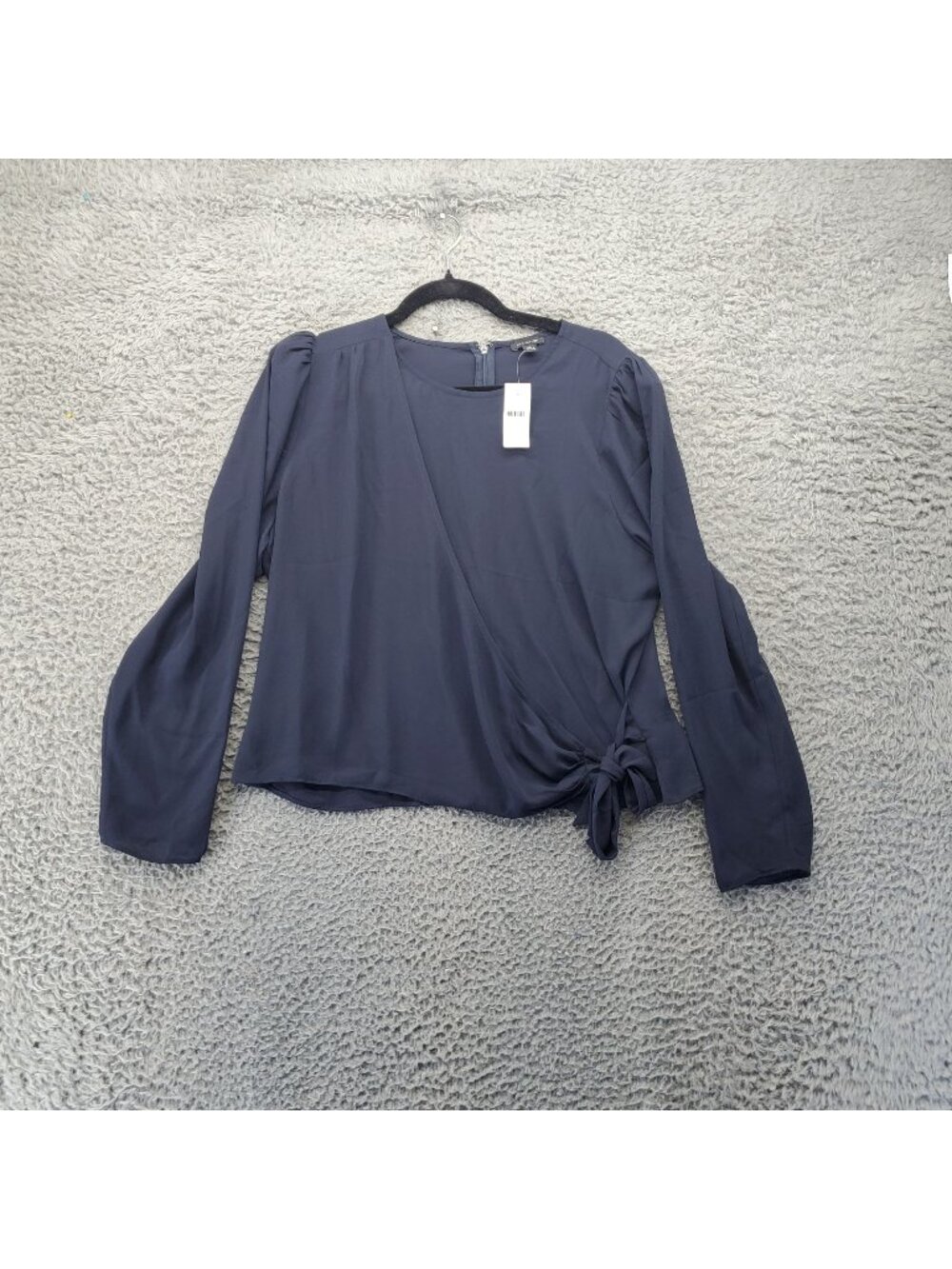 Ann Taylor Top Womens Large Navy Surplice Wrap Tie Long Sleeve Lightweight *NWT*